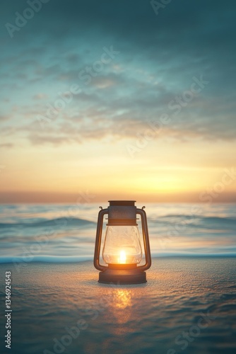 A glowing lantern sits on the shore, illuminating the tranquil ocean as the sun sets, creating a serene and peaceful atmosphere.