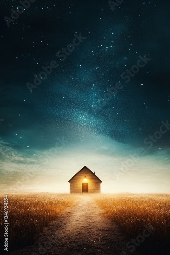 Obraz na płótnie A solitary house stands in a vast field under a starry sky, illuminated from within, creating a serene and mystical atmosphere. w salonie