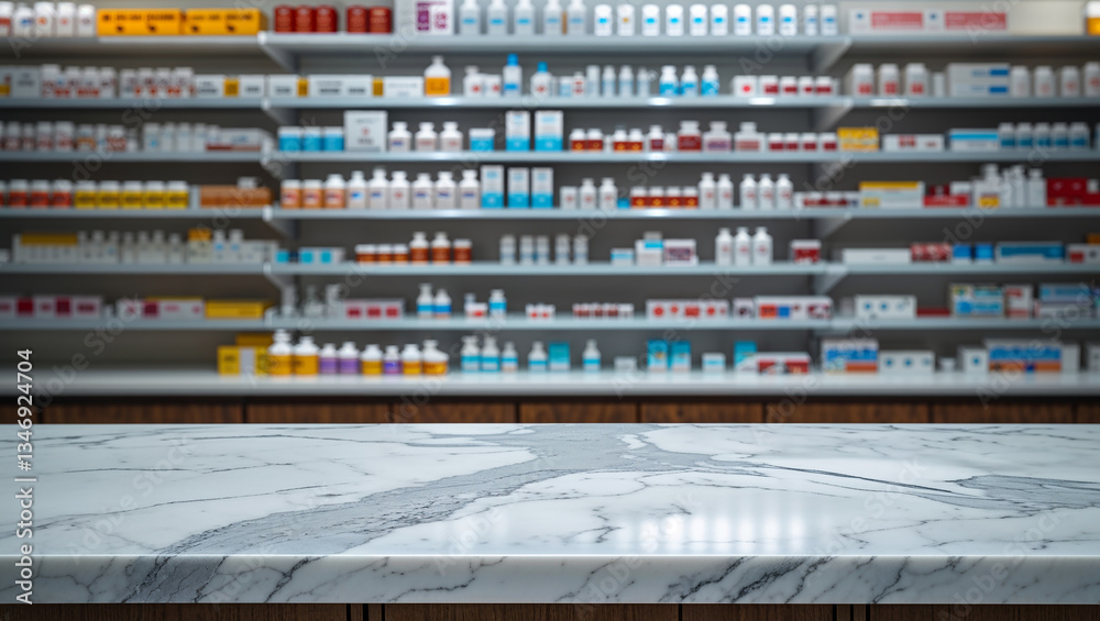 Empty marble countertop with blurred pharmacy background displaying medicine products Empty marble countertop with blurred pharmacy background displaying medicine products