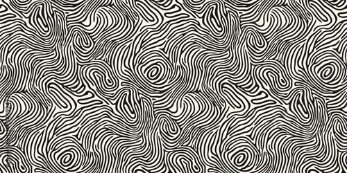 Vector abstract organic seamless pattern. Trendy black and white texture with natural shapes, curvy chaotic lines, liquid fluid stripes, fingerprint form. Monochrome geo background. Repeating design
