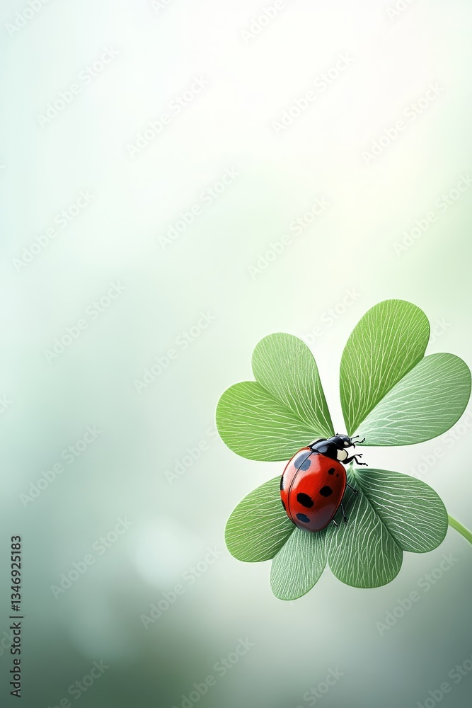 A vibrant ladybug rests on a lush green clover, set against a soft, blurred background that evokes a sense of tranquility and nature.