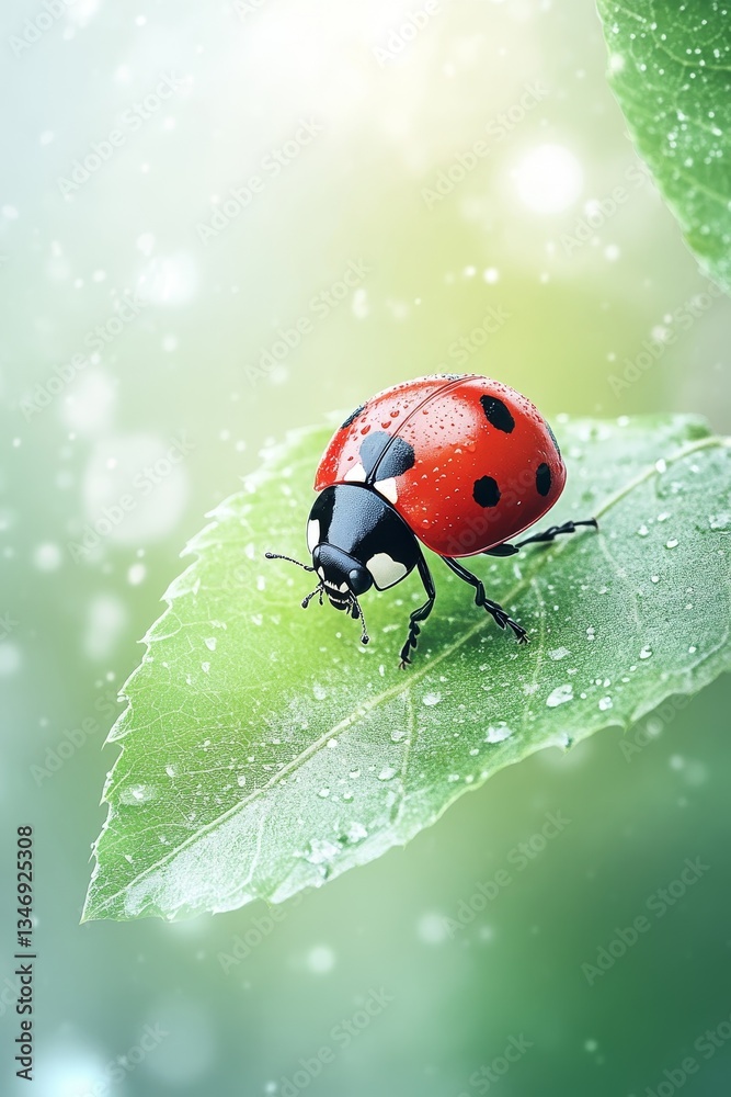 A vibrant ladybug rests on a dew-covered leaf, surrounded by a soft, blurred green background, evoking a fresh and serene atmosphere.