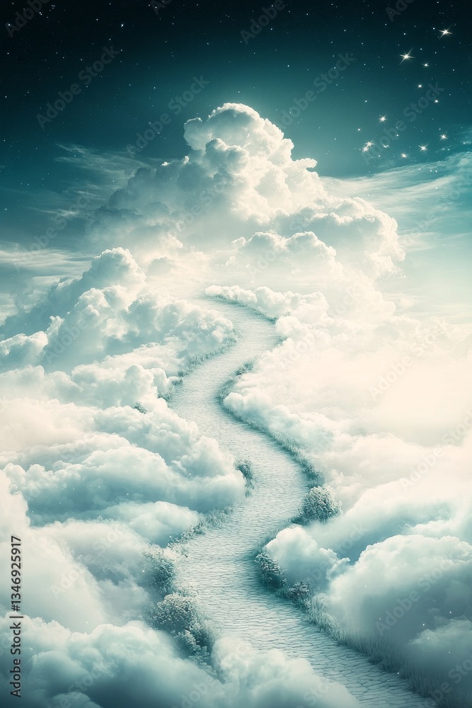 A serene, dreamlike pathway winds through fluffy clouds under a starry sky, evoking a sense of wonder and peacefulness.