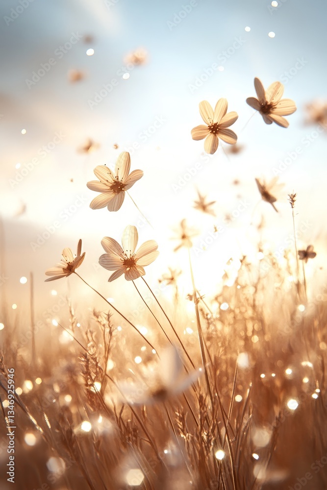 A serene field of delicate flowers swaying gently, illuminated by soft light, creating a dreamy atmosphere with a hint of magic.