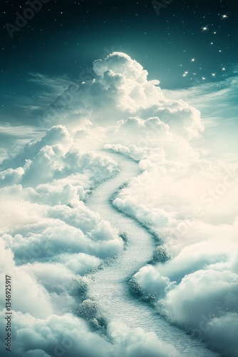 Obraz na płótnie A serene, dreamlike pathway winds through fluffy clouds under a starry sky, evoking a sense of wonder and peacefulness. w salonie