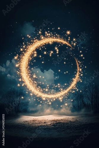A magical crescent shape made of sparkling stars glows against a dark sky, surrounded by wispy clouds and barren trees, creating an enchanting nighttime scene.