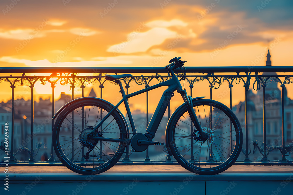 Fototapeta premium Electric Bike Silhouette at Sunset: An electric bike silhouetted against a stunning sunset over a cityscape, evoking feelings of freedom, adventure, and eco-friendly mobility.