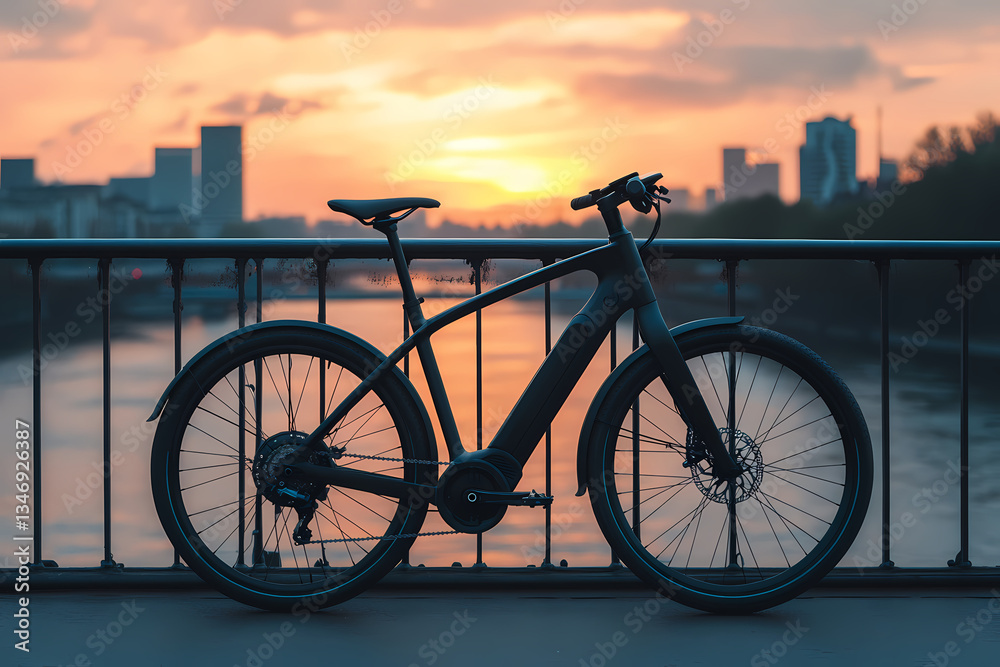 Obraz premium Sunset City Cycling: A modern black bicycle sits poised on a bridge, with an urban skyline in the background, illuminated by the warm hues of a sunset. Ideal for themes of urban commuting.