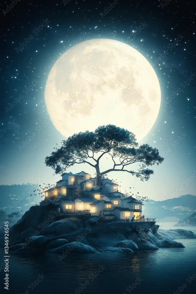 A serene landscape featuring a tree on a hill with illuminated houses under a large moon in a starry night sky.