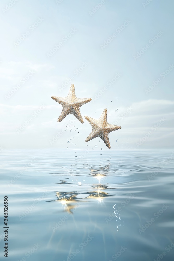 Two starfish float serenely on calm water, reflecting soft light under a clear sky, creating a tranquil coastal scene.