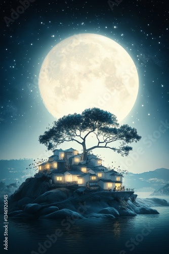 Obraz na płótnie A serene landscape featuring a tree on a hill with illuminated houses under a large moon in a starry night sky. w salonie