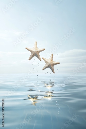 Obraz na płótnie Two starfish float serenely on calm water, reflecting soft light under a clear sky, creating a tranquil coastal scene. w salonie
