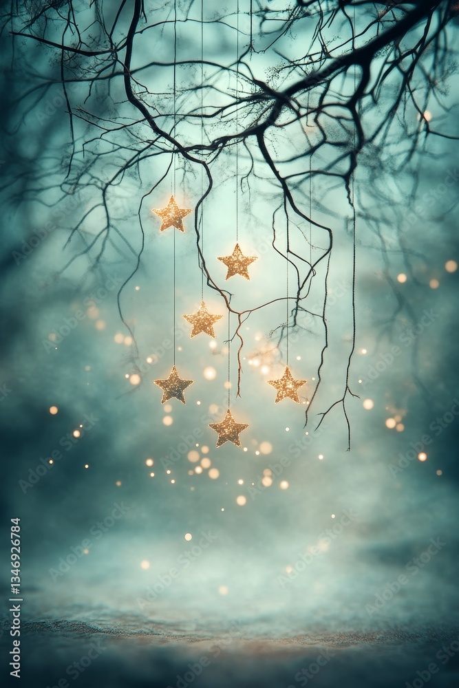 A mystical scene featuring hanging stars from bare branches, surrounded by an ethereal mist and soft glowing orbs, creating a serene atmosphere.