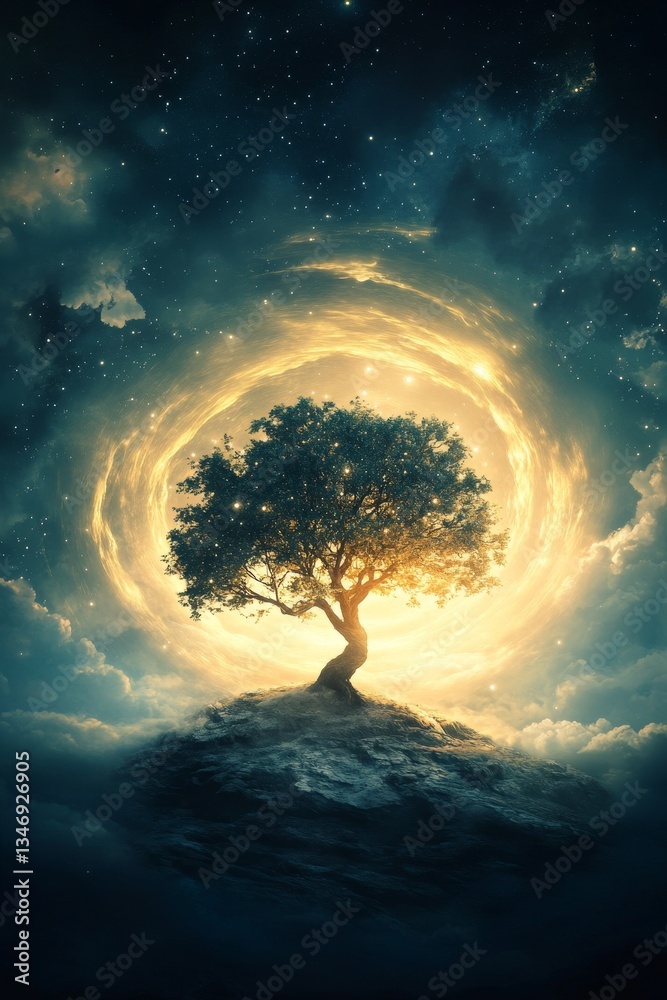 A mystical tree stands illuminated at the center of swirling cosmic clouds, creating a surreal atmosphere of wonder and tranquility.