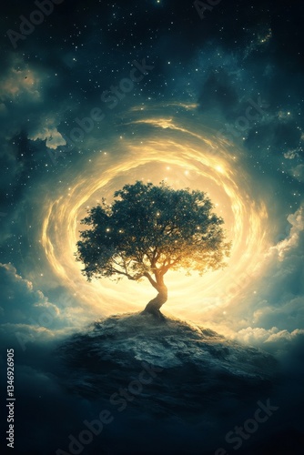 Obraz na płótnie A mystical tree stands illuminated at the center of swirling cosmic clouds, creating a surreal atmosphere of wonder and tranquility. w salonie