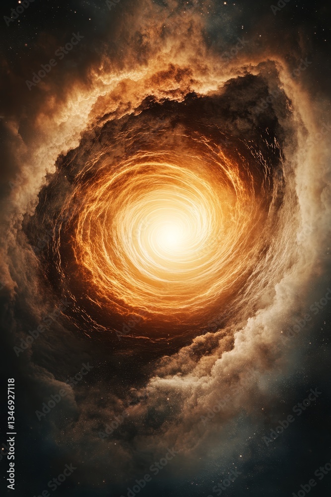 A mesmerizing cosmic vortex radiating golden light amidst swirling clouds, evoking a sense of wonder and the mystery of the universe.