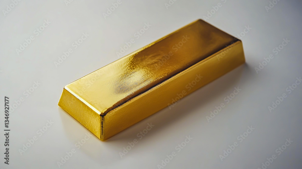 A large gold bar placed elegantly on a pristine white surface, reflecting its shiny surface A large gold bar placed elegantly on a pristine white surface, reflecting its shiny surface