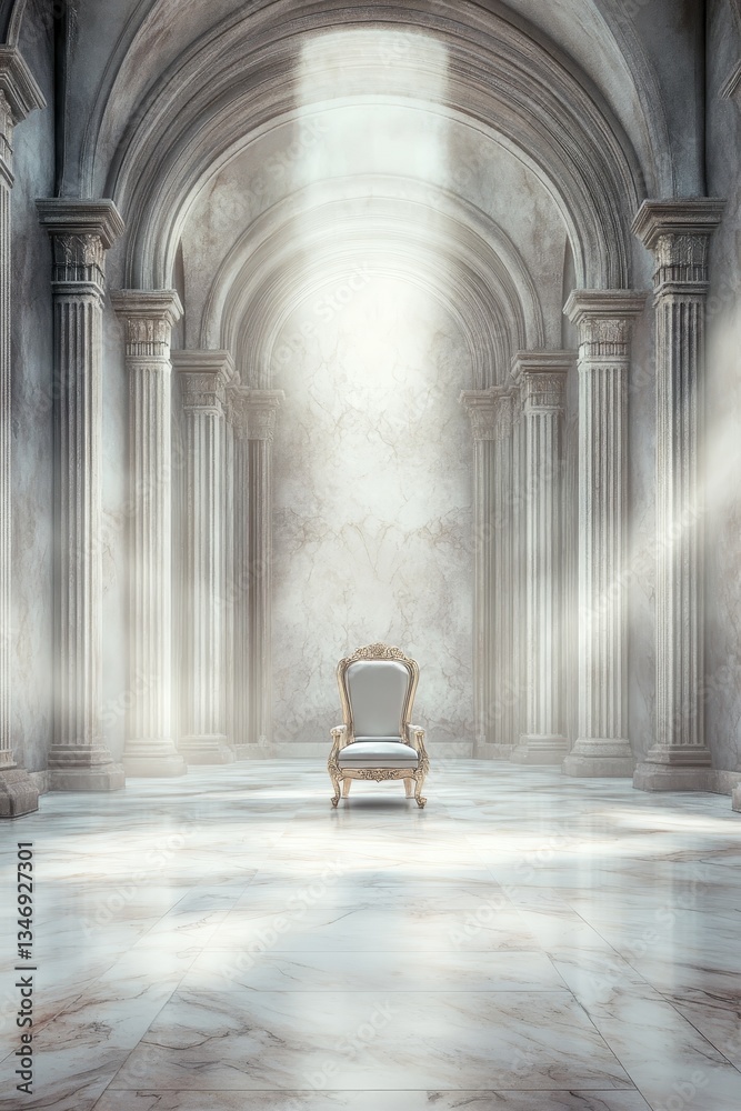 A majestic throne sits in an ethereal, light-filled hall with grand arches and marble flooring, evoking a sense of grandeur and serenity.