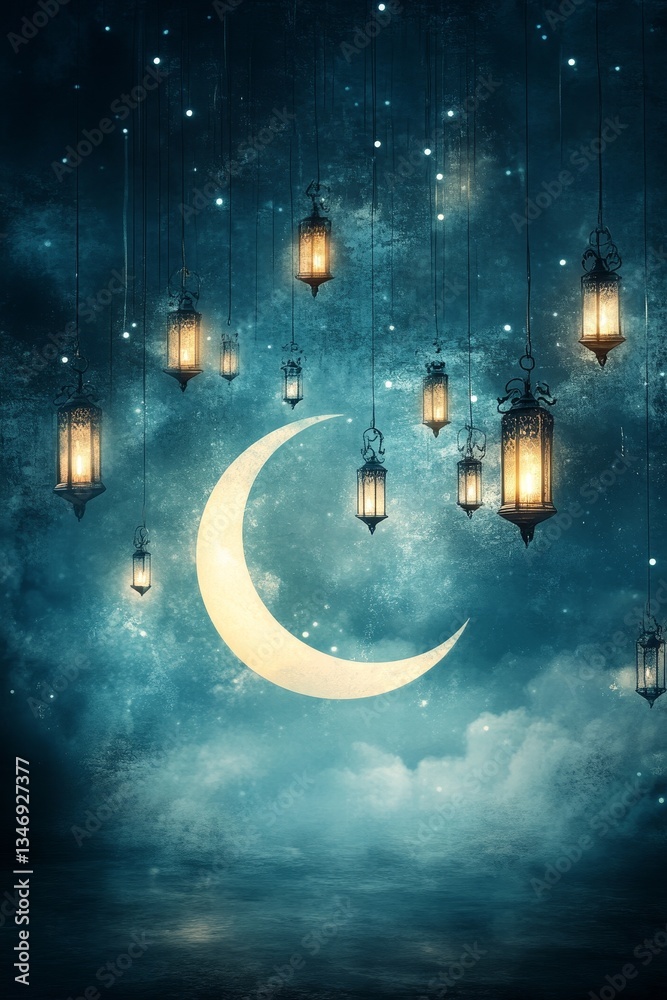 A serene night scene featuring a crescent moon surrounded by hanging lanterns, casting a warm glow against a dark, starry background.