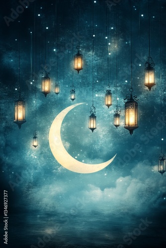 Obraz na płótnie A serene night scene featuring a crescent moon surrounded by hanging lanterns, casting a warm glow against a dark, starry background. w salonie