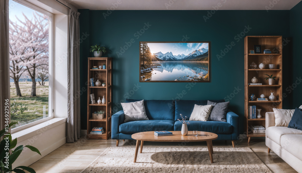 Interior view with sofa and bookcases in living room. Created using generative AI tools