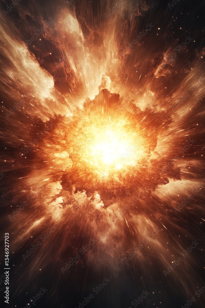 A vibrant explosion radiates light and energy, surrounded by swirling clouds in a cosmic space, creating a dramatic visual of stellar phenomena.
