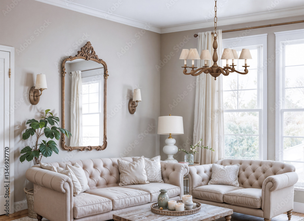 View of shabby chic interior with vintage furniture in the living room. Created using generative AI tools