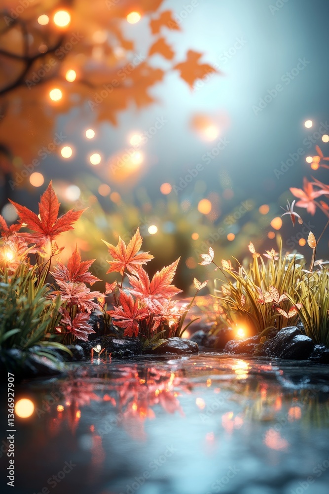 A serene scene featuring vibrant autumn leaves, soft glowing lights, and a reflective water surface, evoking tranquility and natural beauty.