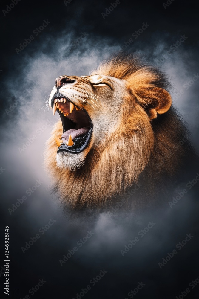 A roaring lion's head emerges from dark, smoky surroundings, showcasing its fierce expression and majestic mane, embodying strength and power.
