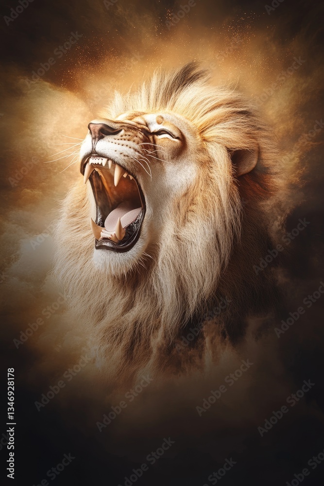A majestic lion roars with a fierce expression, its mane illuminated against a dramatic, smoky background, symbolizing power and strength.