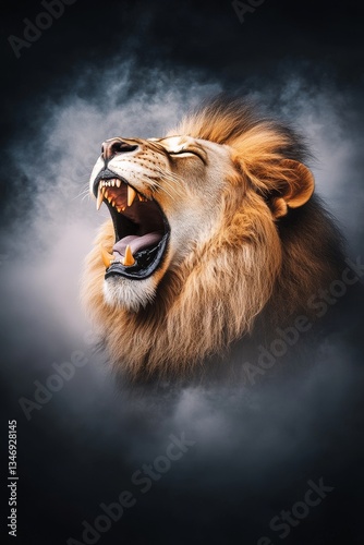 Obraz na płótnie A roaring lion's head emerges from dark, smoky surroundings, showcasing its fierce expression and majestic mane, embodying strength and power. w salonie