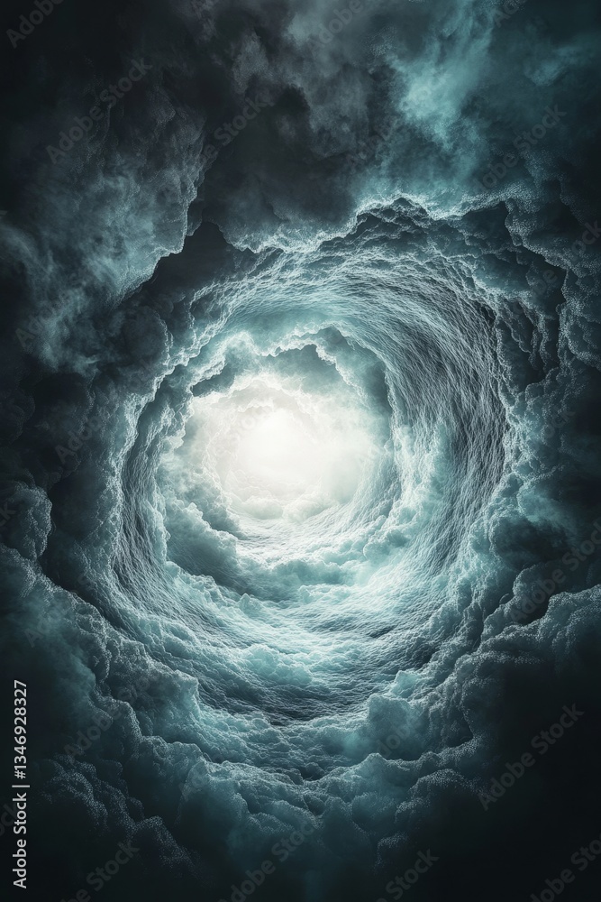 A swirling vortex of clouds illuminated by a bright light, creating a dramatic and ethereal atmosphere.