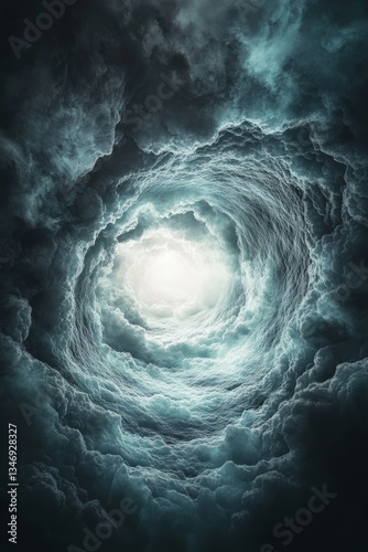 A swirling vortex of clouds illuminated by a bright light, creating a dramatic and ethereal atmosphere.