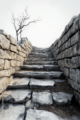 Obraz na płótnie A narrow stone staircase ascends between rugged walls, leading to a distant horizon, with a solitary tree adding a touch of nature. w salonie