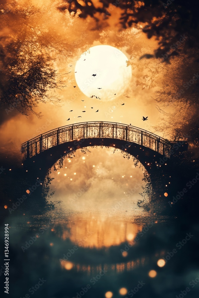 A mystical bridge under a glowing moon surrounded by trees and mist, creating a serene and enchanting atmosphere.