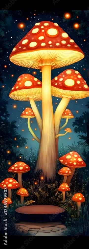 A podium hidden within an enormous glowing mushroom forest.