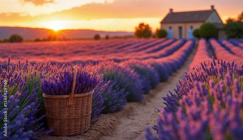 Rural landscape - view of lavender field with basket of lavender flowers in the rays of sunset, somewhere in Provence, France. Created using generative AI tools