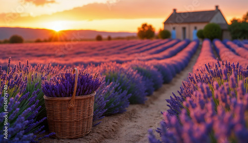 Rural landscape - view of lavender field with basket of lavender flowers in the rays of sunset, somewhere in Provence, France. Created using generative AI tools