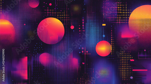 Abstract Neon Circles and Grid Pattern Background