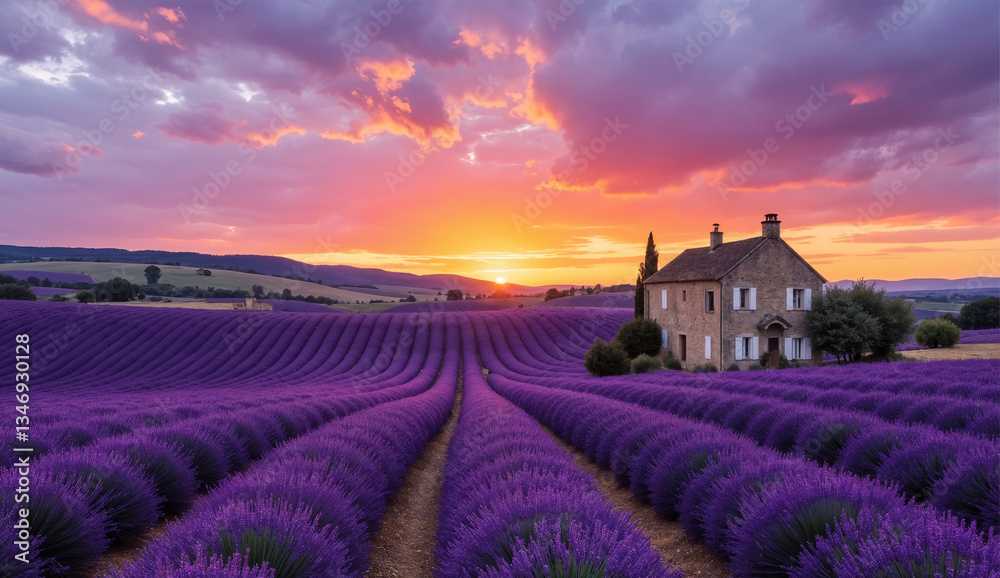 Rural landscape - view of lavender field in the rays of sunset, somewhere in Provence, France. Created using generative AI tools