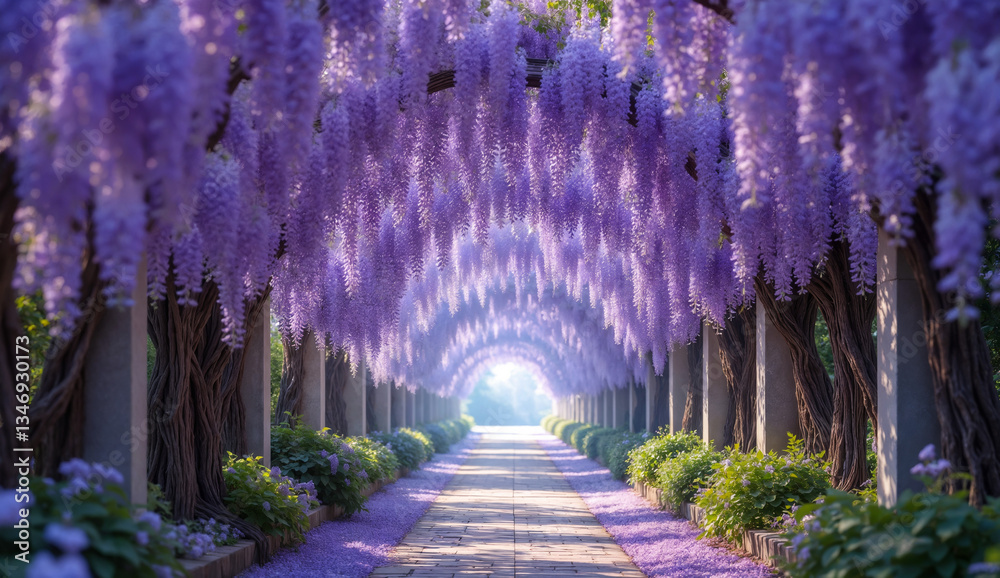 Spring landscape - view of a beautiful tunnel of hanging wisteria flowers with a stone pathway leading through. Created using generative AI tools