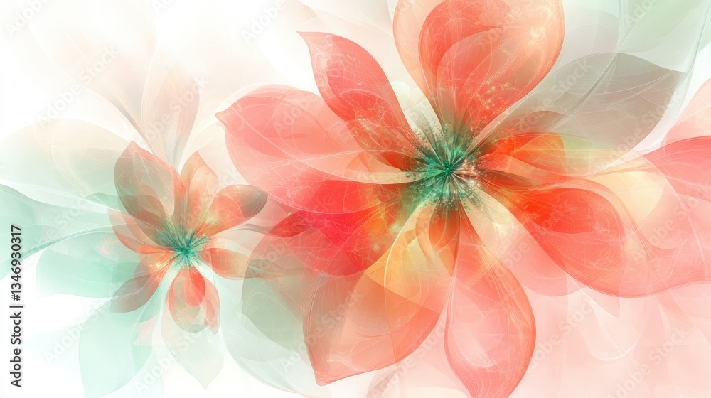 Abstract floral design featuring vibrant red and green petals with a soft, ethereal background effect