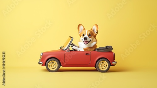 Cute dog drives a classic red car