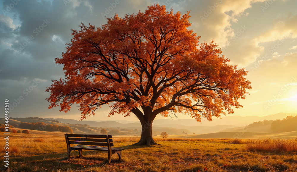 Autumn landscape with bench near a lonely tree overlooking valley at sunrise. Created using generative AI tools