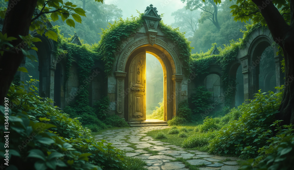 Mystical landscape - view of enigmatic door at the end of a winding path in an abandoned park. Created using generative AI tools