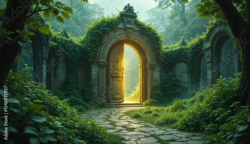 Obraz na płótnie Mystical landscape - view of enigmatic door at the end of a winding path in an abandoned park. Created using generative AI tools w salonie