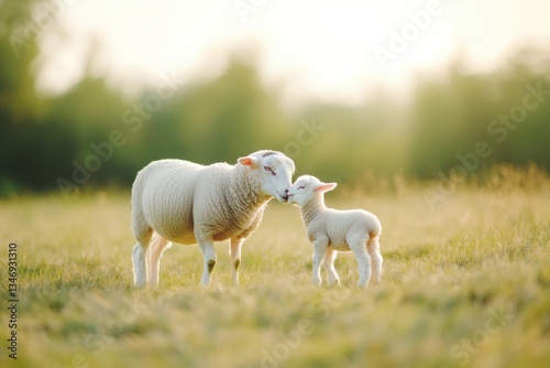 calming image of nursing lamb feeding from its mother in sunlit pasture greenery in background creating soft and clean