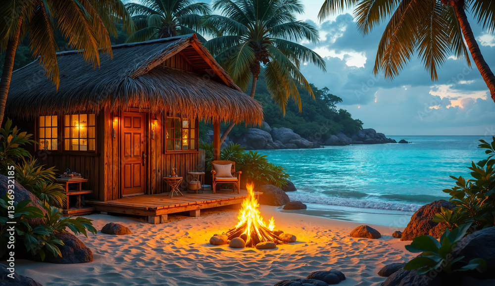 Tropical landscape - view of fire and hut on tropical island shore. Created using generative AI tools