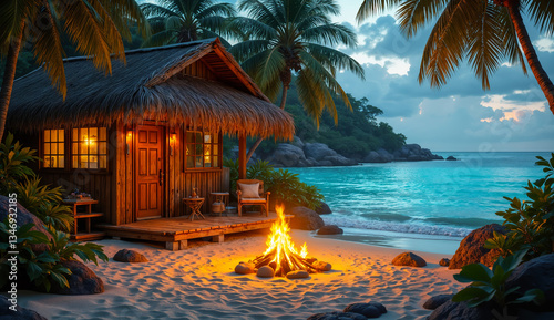Obraz na płótnie Tropical landscape - view of fire and hut on tropical island shore. Created using generative AI tools w salonie