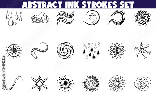 Abstract Ink Strokes Set Design Elements, Swirls, Water, Nature